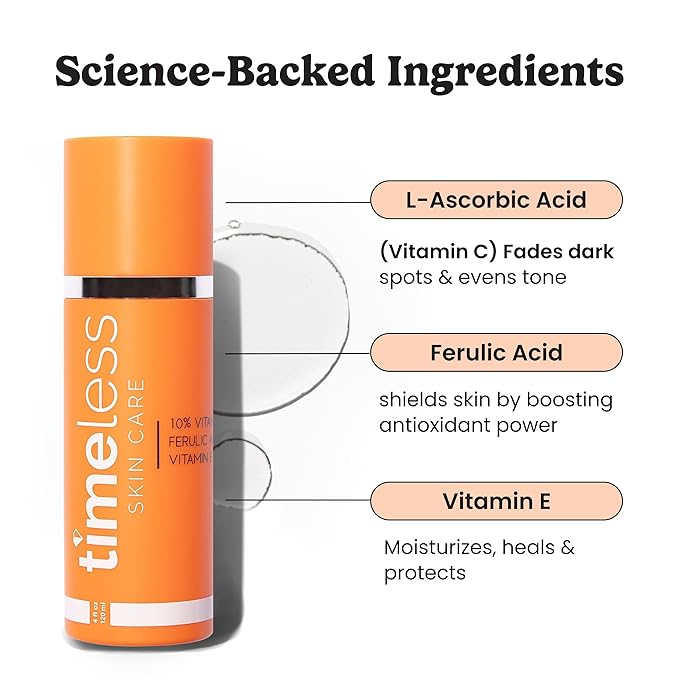 Timeless Skin Care Vitamin C Serum with Vitamin E & Ferulic Acid - Serum - for Oily & Dry Skin - Fragrance-Free - 4 Fl oz
