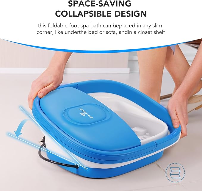 Collapsible Foot Spa Bath Massager with Heat-Maintaining, Bubbles, Red Light, 8 Shiatsu Massage Rollers, A Double-Sided Foot File for Stress Relief & Soft Feet, Space-Saving Feet Soaker, Blue