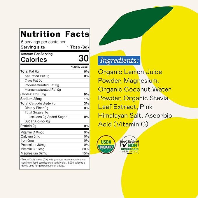 GOODONYA Organic Hydration Electrolyte Drink Mix, Certified Organic Hydration Powder, Non-GMO, Biochecked Glyphosate Free, Low Sugar, Lemonade Flavor, No Artificial Flavors, 6 Servings