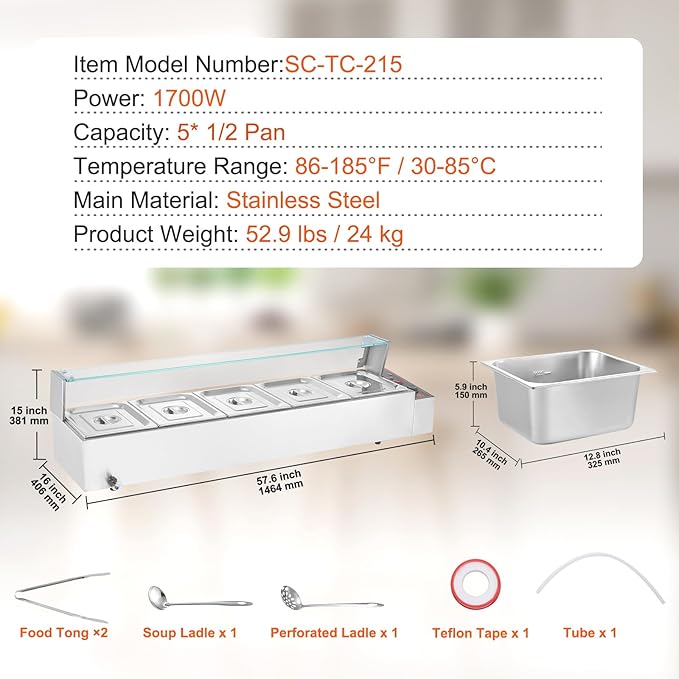 VEVOR 5-Pan Commercial Food Warmer, 5 x 12QT Electric Steam Table with Glass Cover, 1700W Countertop Stainless Steel Buffet Bain Marie 86-185°F Temp Control for Catering, Restaurants, Silver