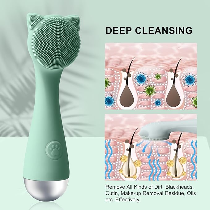 Facial Cleansing Brush, Silicone Face Scrubber Exfoliator for Men & Women, Electric Face Brush Waterproof, with 3 Speeds Adjustable for Deep Cleaning, Removing Blackhead, Face Massaging (Mint Green)