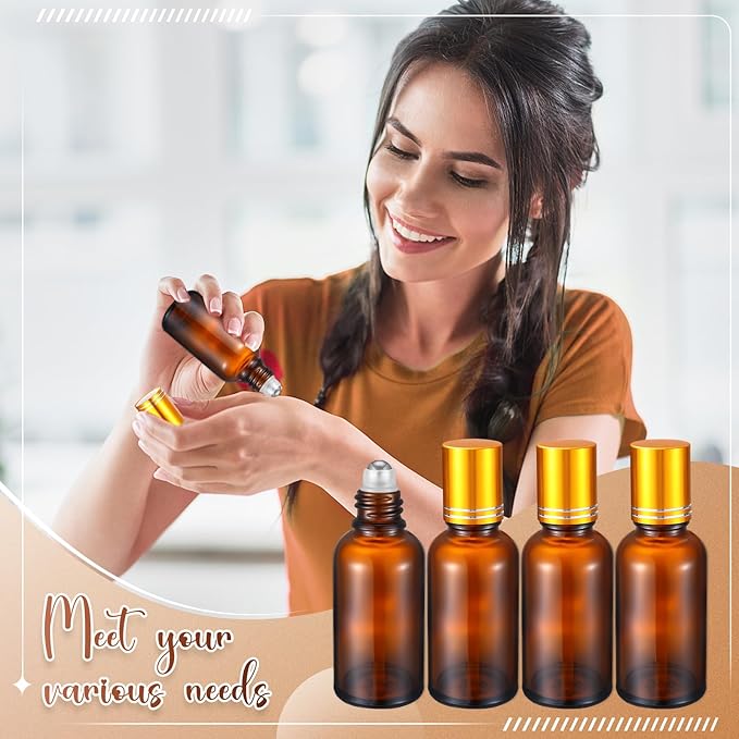 Sumind 12 Pcs 30ml Roller Glass Bottle Essential Oil with Stainless Steel Refillable Sample Container Brown Empty Roller Bottle Applicator with Funnel Sticker for Travel (Gold)