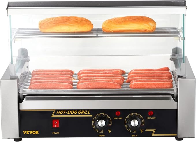 VEVOR Hot Dog Roller 7 Rollers 18 Hot Dogs Capacity 1050W Stainless Sausage Grill Cooker Machine with Dual Temp Control Glass Hood Acrylic Cover Bun Warmer Shelf Removable Oil Drip Tray, ETL Certified