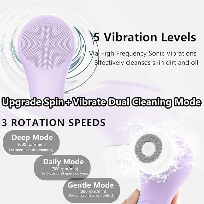 Vibrating and Rotating Face Scrubber, Waterproof Rechargeable Facial Cleansing Brush, 8 Modes for Exfoliating and Massaging, Face Wash Brush for Removing Blackhead(Taro Purple)