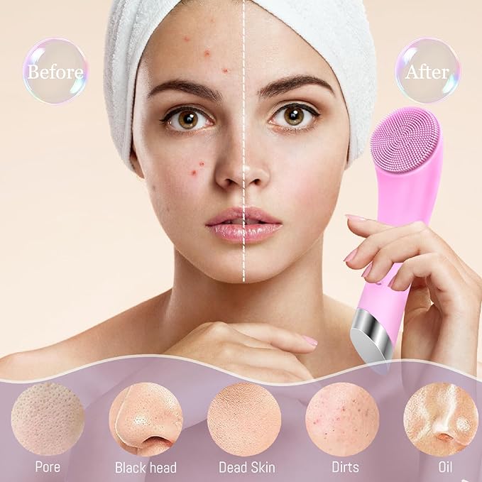 Facial Cleansing Brush, 2 in 1 Silicone Face Scrubber with Heat Massage End，Rechargeable Facial Exfoliation Brush, Waterproof Facial Scrubber for Deep Cleansing, Electric Face Brush for Women (Pink)