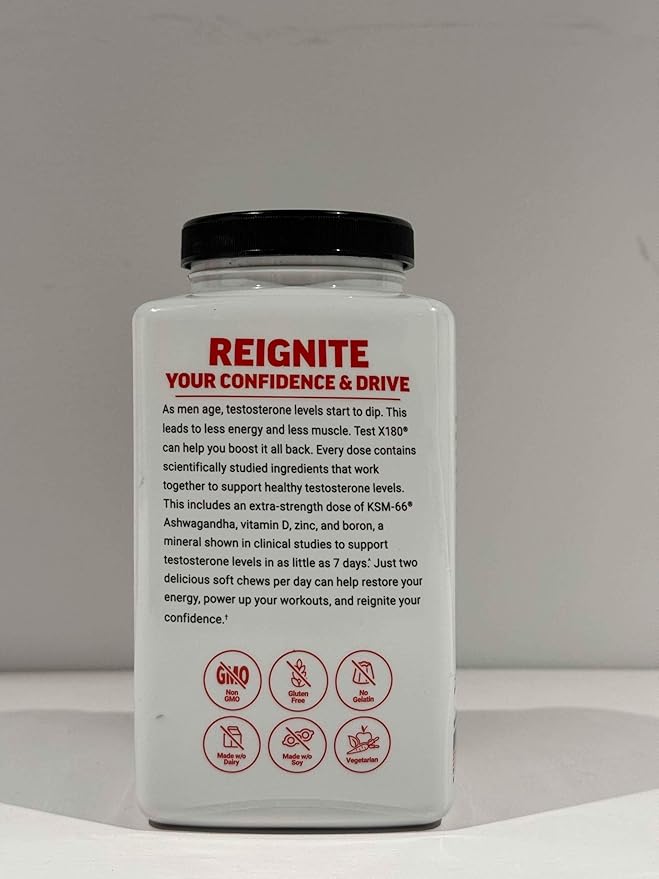 FORCE FACTOR Test X180, Testosterone Support for Men with Clinically Studied KSM-66 Ashwagandha, Boron, Vitamin D & Zinc, Support Testosterone & Performance, Berry Blast, 60 Soft Chews