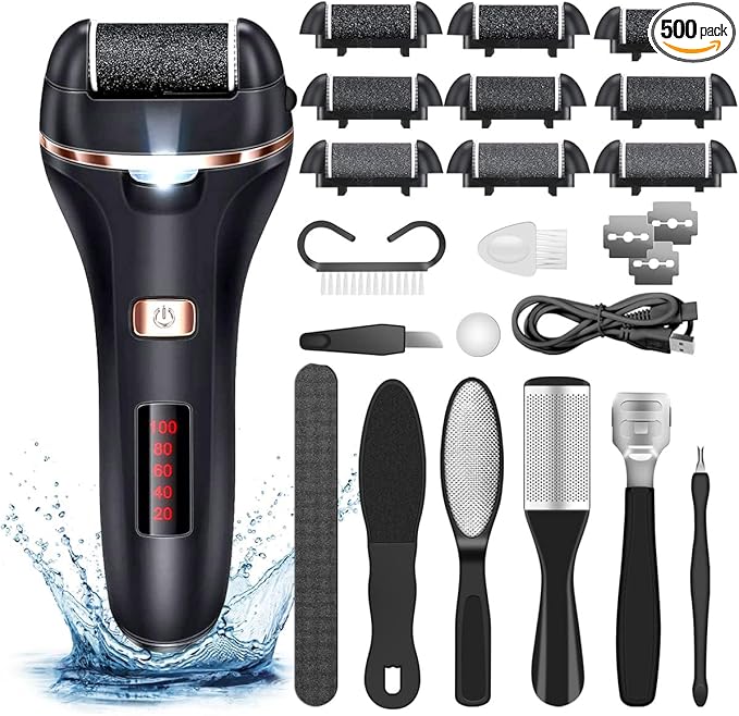 Electric Callus Remover for Feet,Rechargeable Foot File Hard Skin Remover,Waterproof 14 in1 Professional Pedicure Kit for Cracked Heels &Dead Skin,with 9 Roller Heads 2 Speed, Battery Display