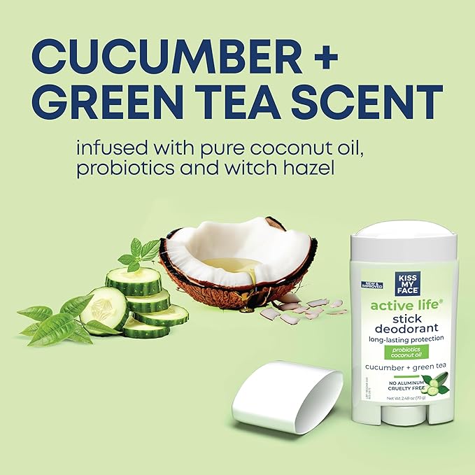 Kiss My Face Active Life Deodorant Contains Naturally Derived Ingredients, 72 Hour Odor Control | For Women and Men, Aluminum Free with Coconut Oil and Probiotics, Cucumber and Green Tea Scent