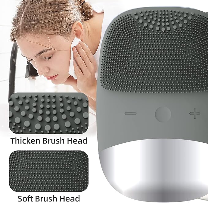 Silicone Face Scrubber, SIWIEY IPX7 Waterproof Sonic Facial Cleansing Brush, USB Rechargeable Sonic Massage Face Brush for Deep Cleansing, Gentle Exfoliating and Massaging (Grey)