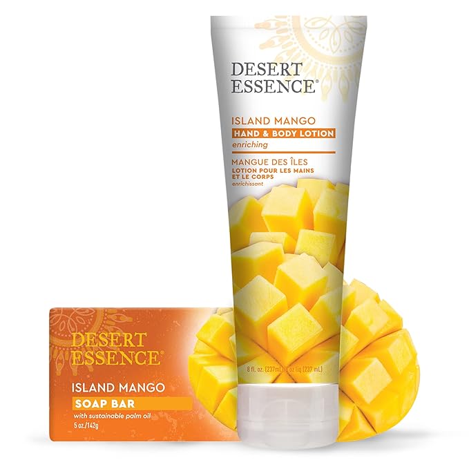 Desert Essence, Island Mango Hand & Body Lotion 8 fl. oz. - Gluten Free - Vegan - Cruelty Free - Mango Seed Butter, Passion Flower & Organic Shea Butter - Luscious & Rich - Tropical Island Scent