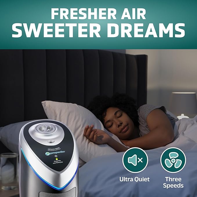 GermGuardian 4-In-1 HEPA Air Purifier for Home, Large Rooms Up To 743 Sq. Ft. with HEPA Air Filter, UC-V Light & Odor Reduction, AC4825E, 22" Tower, Gray