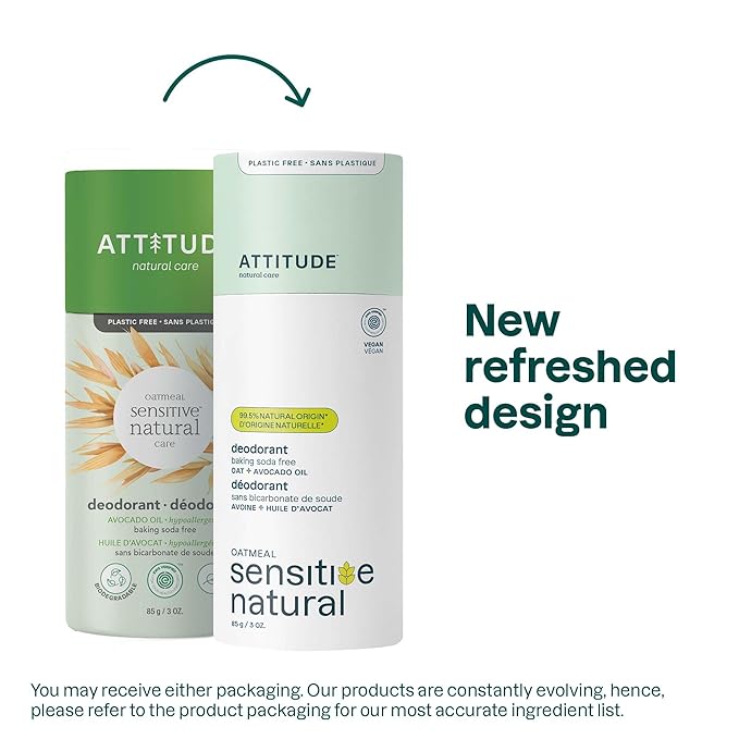 ATTITUDE Baking Soda Free Deodorant for Sensitive Skin with Oatmeal and Avocado Oil, EWG Verified, Aluminum Free, Plastic-Free, 3 Ounces (Pack of 6)