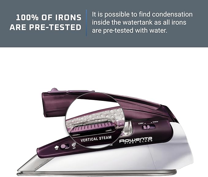 Rowenta Travel Iron, Pro Compact Stainless Steel Soleplate Hand Held Steamer Iron for Clothes, 200 Microsteam Holes, 1000 Watts Ironing, Fabric Steamer, Dual Voltage, Mini Iron, Purple, DA1560