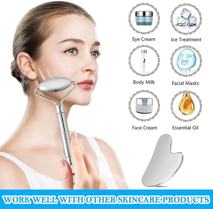 Stainless Steel Facial Roller & Gua Sha,Gua Sha Facial Tools Stainless Steel, GuaSha Tool and Face Roller Set - Metal Face Roller, Facial Tension, Sturdy