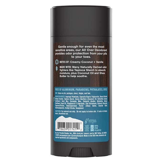 Every Man Jack All Over Deodorant - 24 Hour Whole Body Odor Protection - Aluminum Free - Coconut + Vanilla Scent 2.6 oz (1 Pack)