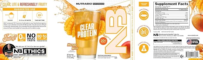 NutraBio Clear Whey Isolate Protein Powder, Delicious & Refreshing Fruit Flavors, Protein Juice, No Milky Taste, No Foam, Zero Sugar, Mango Mist, 20 Servings