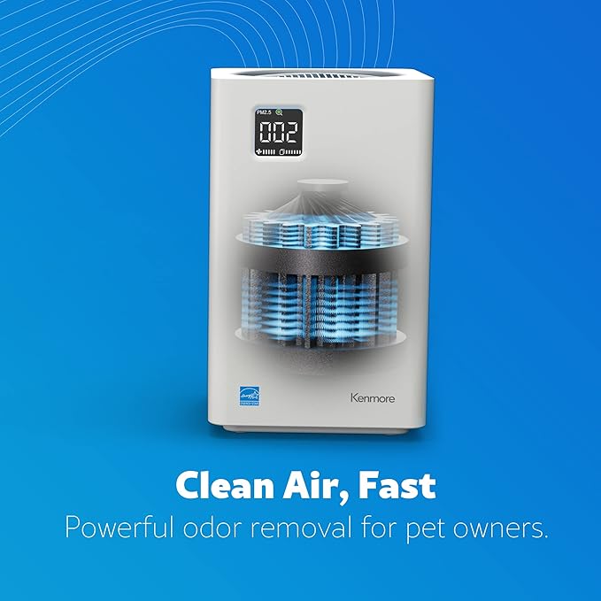 Kenmore PM2010 Air Purifiers with H13 True HEPA Filter, Covers Up to 1200 Sq.Foot, 24db SilentClean 3-Stage HEPA Filtration System, 5 Speeds for Home Large Room, Kitchens & Bedroom, PM2010