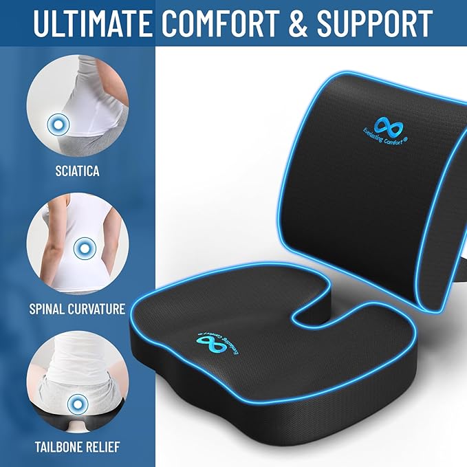 Everlasting Comfort Gel Infused Memory Foam Car Seat Cushion & Lumbar Pillow Combo for Tailbone Pain, Sciatica, Sitting Fatigue - Booster Seat for Adults - Ergonomic Car Seat Cushions for Driving