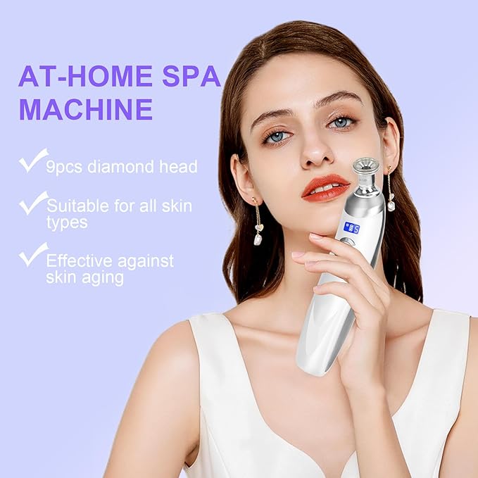 Personal Microdermabrasion Machine, Rechargeable Suction Microderm Facial Device with 9pcs Diamond Dermabrasion Head and 5 Levels for Professional Face & Body Skin Care Salon Home Use