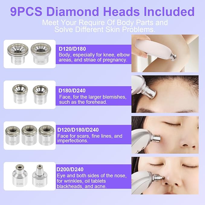 Personal Microdermabrasion Machine, Rechargeable Suction Microderm Facial Device with 9pcs Diamond Dermabrasion Head and 5 Levels for Professional Face & Body Skin Care Salon Home Use