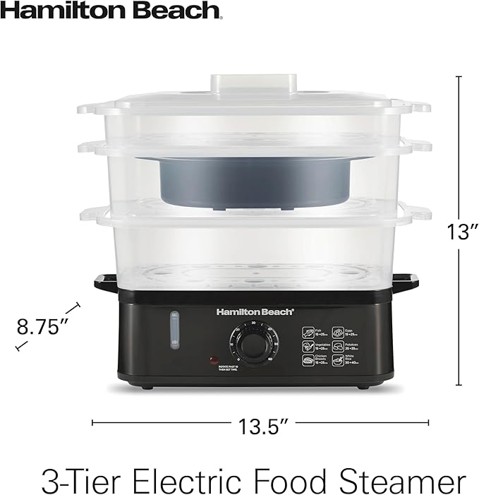 Hamilton Beach Electric Food Steamer, Rice Cooker & Egg Boiler for Quick, Fast Healthy Cooking with Stackable Three-Tier Bowls for Vegetables and Seafood, 9.5 Quarts, Black (37430)
