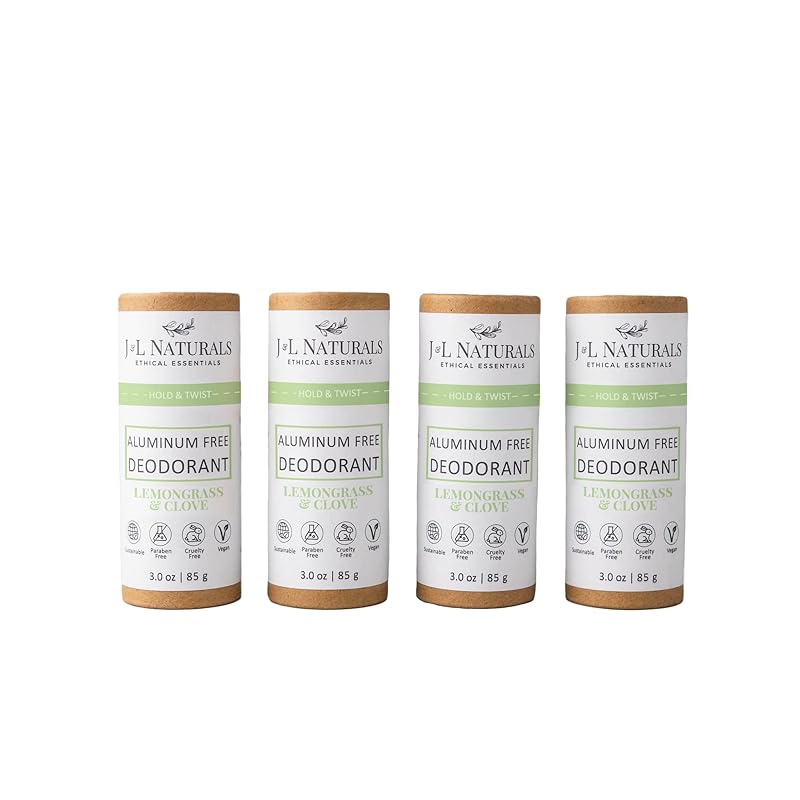 J&L Naturals Aluminum Free Deodorant for Men & Women | 100% Natural Ingredients With Coconut Oil, Shea Butter, & Essential Oils | Sustainable, Eco-Friendly (Lemongrass & Clove, 3.0 Oz (Pack of 4))