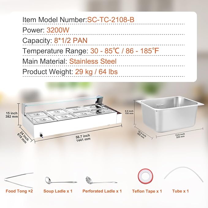 VEVOR 8-Pan Commercial Food Warmer, 8 x 12QT Electric Steam Table with Glass Cover, 3200W Countertop Stainless Steel Buffet Bain Marie w/Thermometer 86-185°F Temp Control for Catering, Restaurants