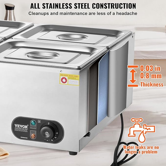 VEVOR 110V 4-Pan Commercial Food Warmer, 1200W Electric Steam Table 15cm/6inch Deep, Professional Stainless Steel Buffet Bain Marie 48 Quart for Catering and Restaurants
