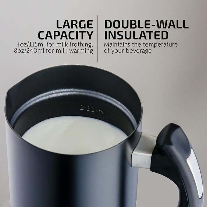 OVENTE Electric Milk Frother Double Wall Insulated Stainless Steel, Automatic Shutoff Portable Hot Cold Foam Maker Perfect Milk Steamer For Hot Chocolate Cappuccino Coffee, Black FR3608B