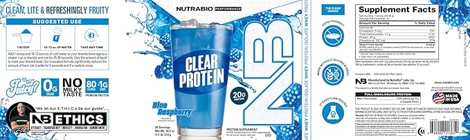 NutraBio Clear Protein Powder, Delicious & Refreshing Fruit Flavors, Protein Juice, No Milky Taste, No Foam, Zero Sugar, Blue Raspberry, 20 Servings