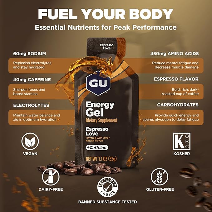 GU Energy Original Sports Nutrition Energy Gel, Vegan, Gluten-Free, Kosher, and Dairy-Free On-the-Go Energy for Any Workout, 24-Count, Espresso Love