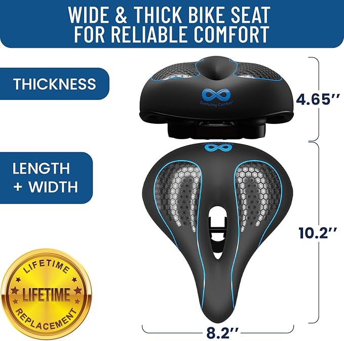Everlasting Comfort Bike Seat Cushion (10"x8") - Universal Fit for Mountain, Stationary, Cruiser Bikes - Easy Assembly - Comfortable Memory Foam Bike Saddle - Bike Seats for Men - Bike Seats for Women