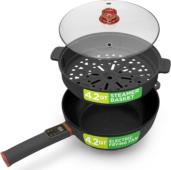 Nutrichef 4L Electric Frying Pan & 4L Steamer | Multifunctional Portable 1000W Non-Stick Pot for Cooking | Durable Heat Safe Handle | Touch Control Panel | Electric Hot Pot | Black