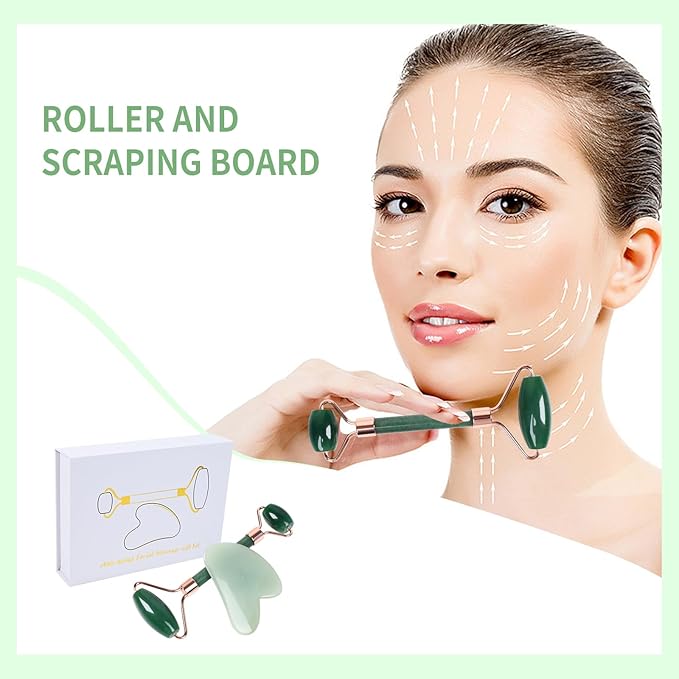 Quartz Rose Jade Roller and Gua Sha Facial Set Kit for Face Skincare, Stone Sculpting Tool, Massager Roller for Skin Care,Gift For Men And Women (Green)
