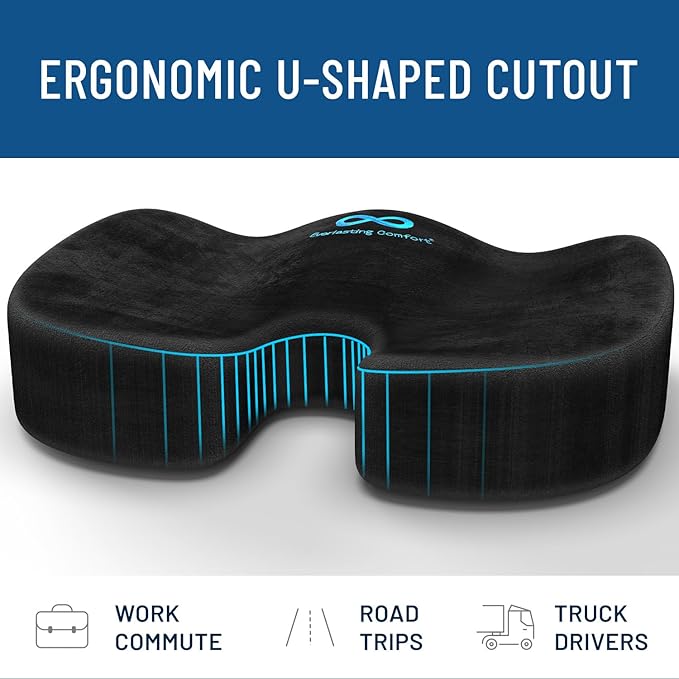Everlasting Comfort Memory Foam Car Seat Cushion - Tailbone Pain Relief, Driving Seat Cushion for Short People - Office, Wheelchair, Gaming Chair, Travel - Non-Slip, Washable Cover