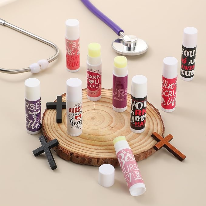 72 Sets Nurse Appreciation Gifts Bulk Nurse Week Gifts Lip Balm Party Gifts Thank you Inspirational Gifts with Gift Bag and Card for Nurse Day CNA Week Nursing Assistant Dental, 9 Styles