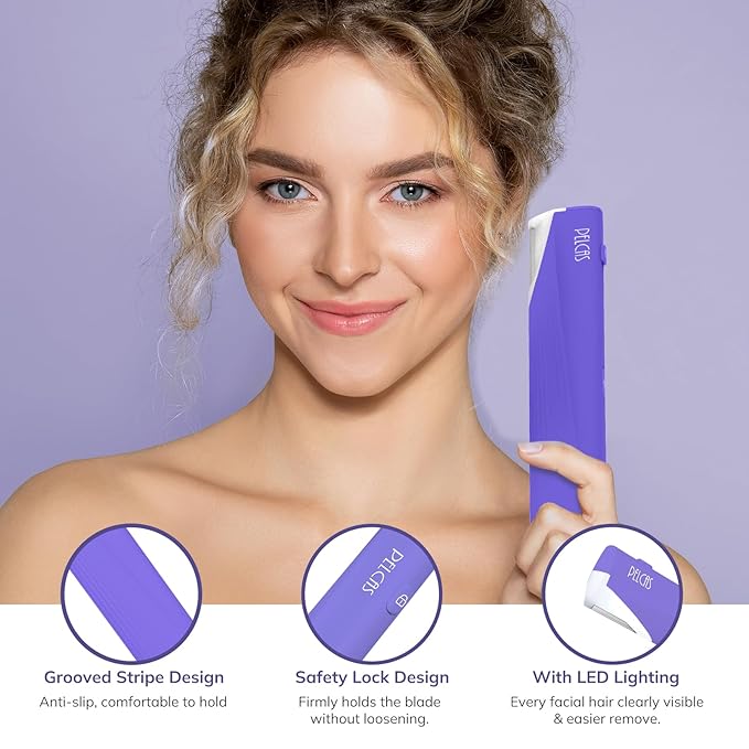 PELCAS Electric Dermaplaning Tool with LED Light, Mini Face Dermaplaning Razor, Painless 3 Speeds Facial Peach Fuzz, Exfoliation & Hair Removal System for Women At Home with 6 Blades BV18-712 Purple
