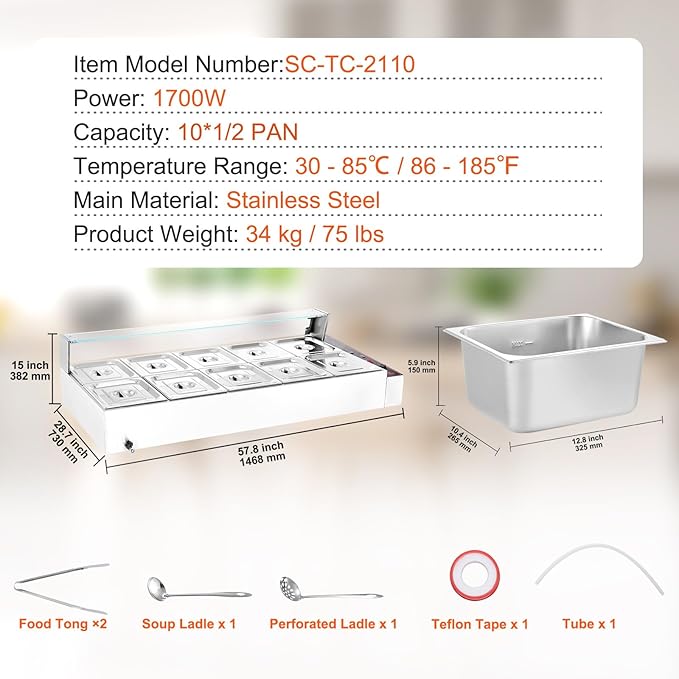 VEVOR 10-Pan Commercial Food Warmer, 10 x 8QT Electric Steam Table with Glass Cover, 1700W Countertop Stainless Steel Buffet Bain Marie 86-185°F Temp Control for Catering, Restaurants, Silver