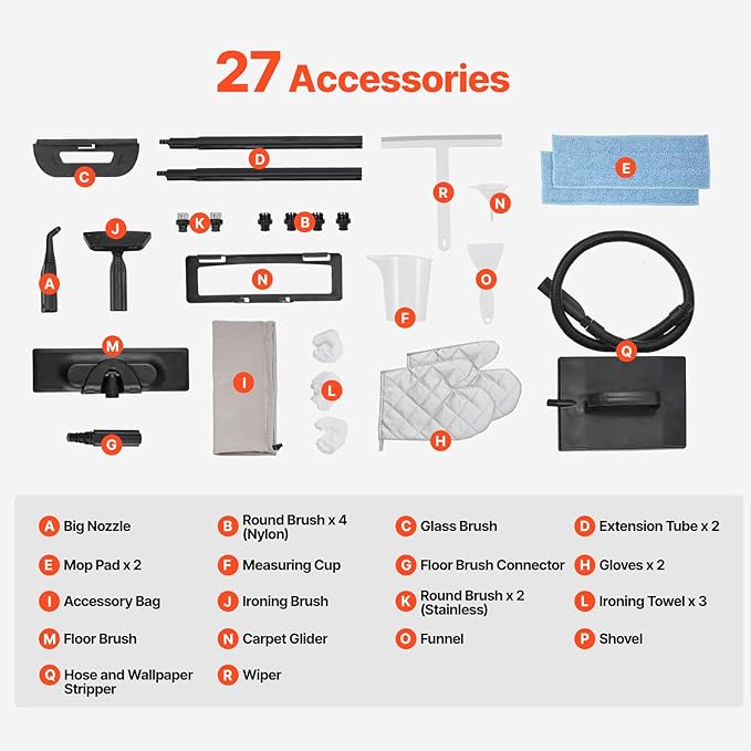 VEVOR Steam Cleaner, Multipurpose Powerful Steamer with 27 Accessories, Steamer Cleaing with Extra-Long Power Cord, 51 oz Tank and Portable Handle, for Grout, Tile, Floors, Appliances, Home & Car