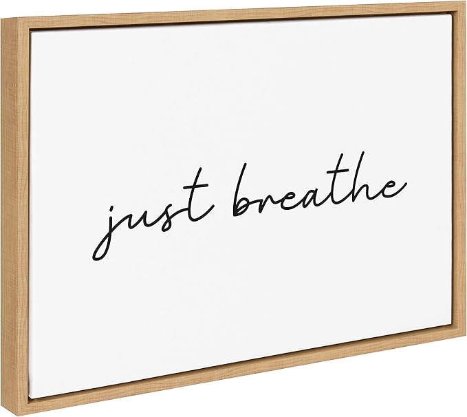 Kate and Laurel Sylvie Just Breathe Horizontal BW Framed Canvas Wall Art by The Creative Bunch Studio, 18x24 Natural, Self Care Art, Calming Wall Décor