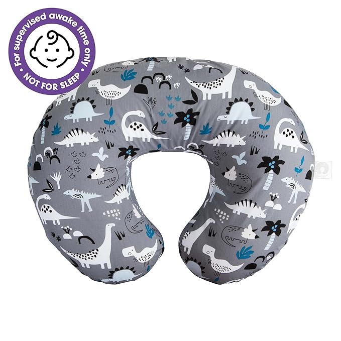 Boppy Original Nursing Pillow, Gray Dinosaurs, Ergonomic Nursing Essentials for Bottle and Breastfeeding, Firm Fiber Fill, with Removable Pillow Cover, Machine Washable
