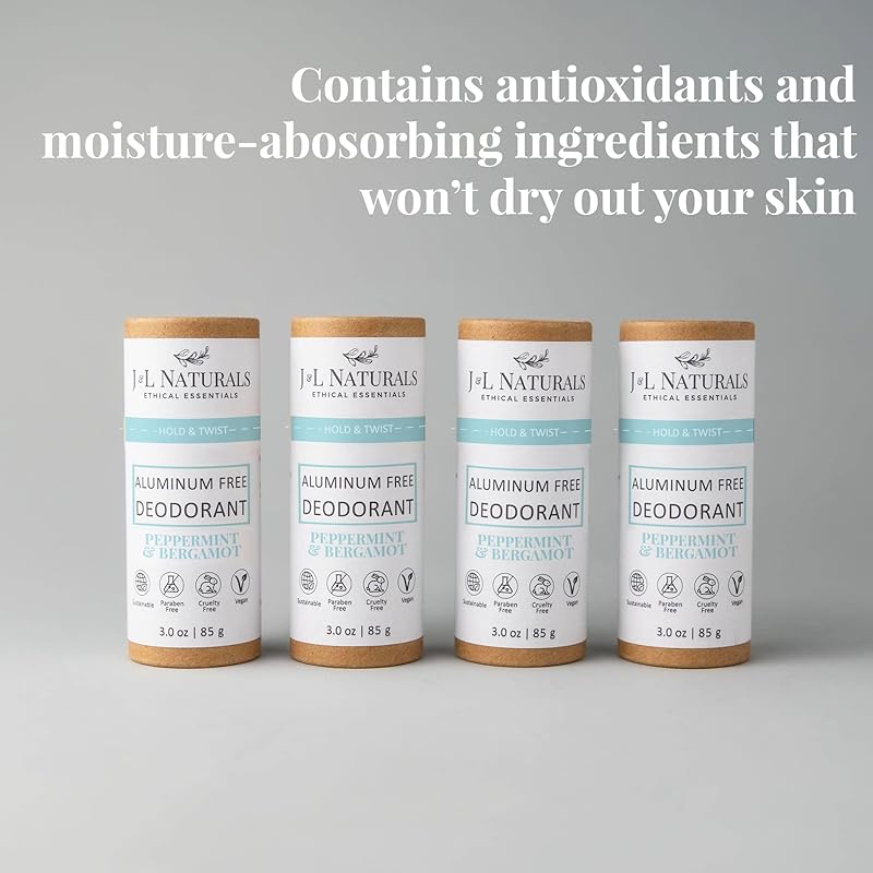 J&L Naturals Aluminum Free Deodorant for Men & Women | 100% Natural Ingredients With Coconut Oil, Shea Butter, & Essential Oils | Sustainable, Eco-Friendly (Peppermint & Bergamot, 3.0 Oz (Pack of 4))