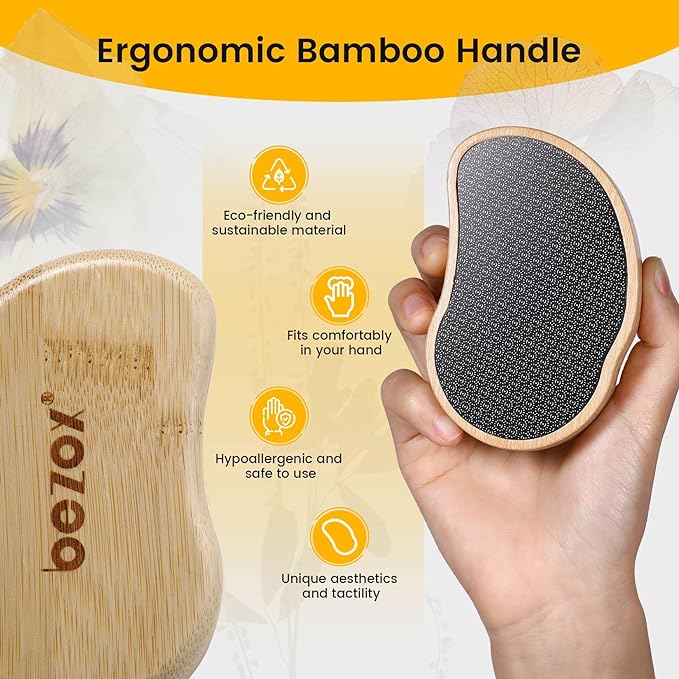 BEZOX Glass Foot Scrubber Shower(1 PCS) - Nano-Glass Pedi Egg Pumice Stone for Feet Dead Skin, Plastic-Free Pedicure Foot File Callus Remover - Bamboo Handle