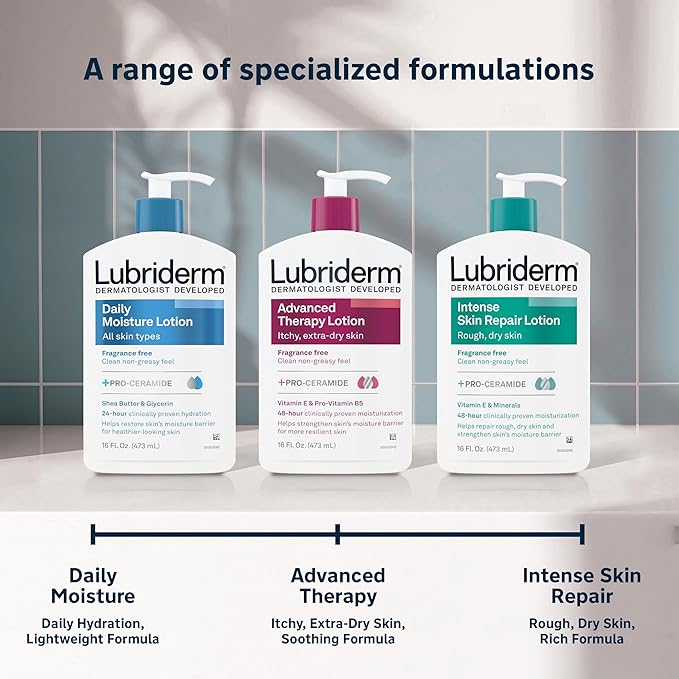 Lubriderm Advanced Therapy Fragrance Free Hand & Body Lotion + Pro-Ceramide, Intense Hydration for Itchy, Extra Dry, & Sensitive Skin, Non-Greasy, Hypoallergenic, Value Size, 32 fl. oz
