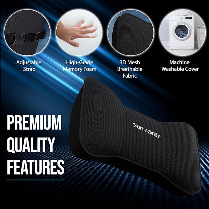 SAMSONITE Travel Neck Pillow – Memory Foam Car Seat Headrest Cushion, Ergonomic Neck Support for Driving, Adjustable Strap, Comfortable Head Rest for Long Trips, Travel Pillow for Cars & Office Chairs