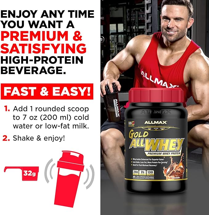 ALLMAX Nutrition Gold ALLWHEY, Chocolate - 2 lb - 24 Grams of Protein Per Scoop - Gluten Free, Low Carb & Low Sugar - Approximate 30 Servings