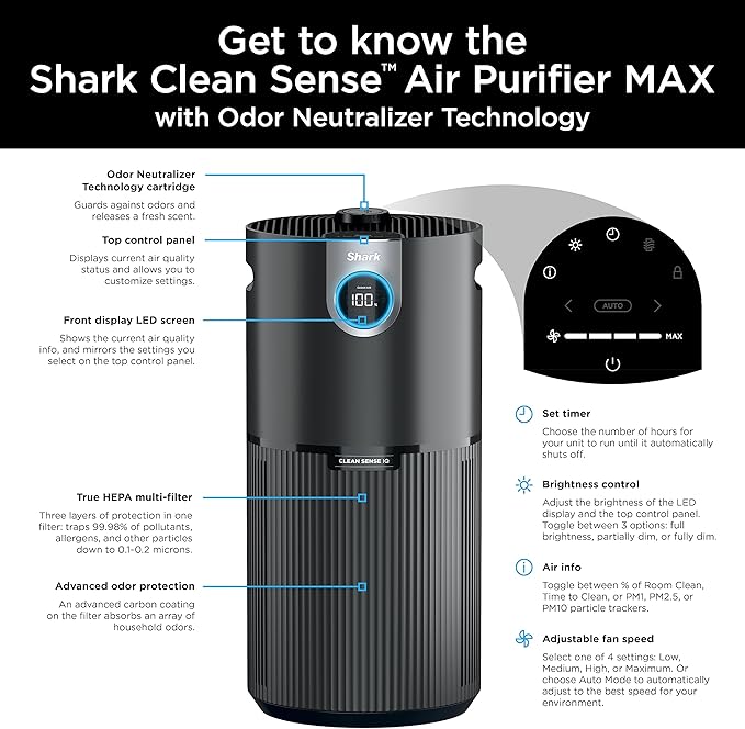 Shark HP232 Clean Sense Air Purifier MAX with Odor Neutralizer Technology, Allergies, HEPA Filter, 1200 Sq Ft, XL Room, Whole Home, Captures 99.98% of Particles, Allergens, Smells & More, Grey
