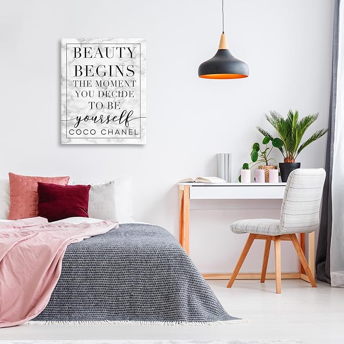 Stupell Industries Beauty Begins Once You Decide to Be Yourself White Marble Typography, Design by Daphne Polselli Wall Art, 30x40, Black