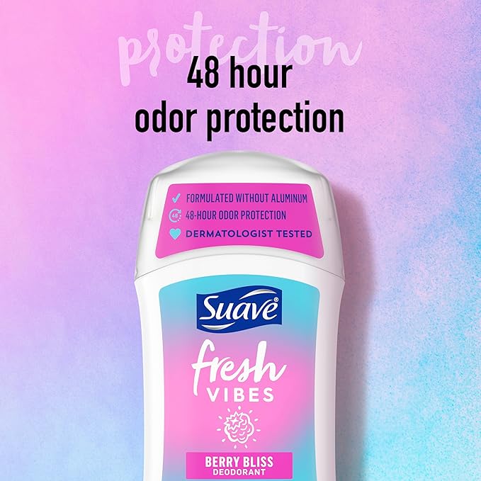 Suave Fresh Vibes Deodorant Stick Berry Bliss Aluminum Free 48 Hour Deodorant Protection Dermatologist Tested Body Deodorant 1.2 OZ(Pack of 12)