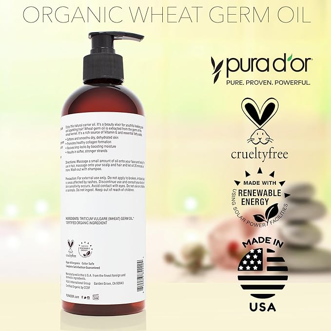 PURA D'OR ORGANIC Wheat Germ Oil (16 Oz x3 = 48 Oz) 100% Pure & Natural USDA Certified Cold Pressed Carrier Oil - Vitamin E Rich, Moisturizing & Nourishing Anti-Aging Properties - Healthy Hair Growth